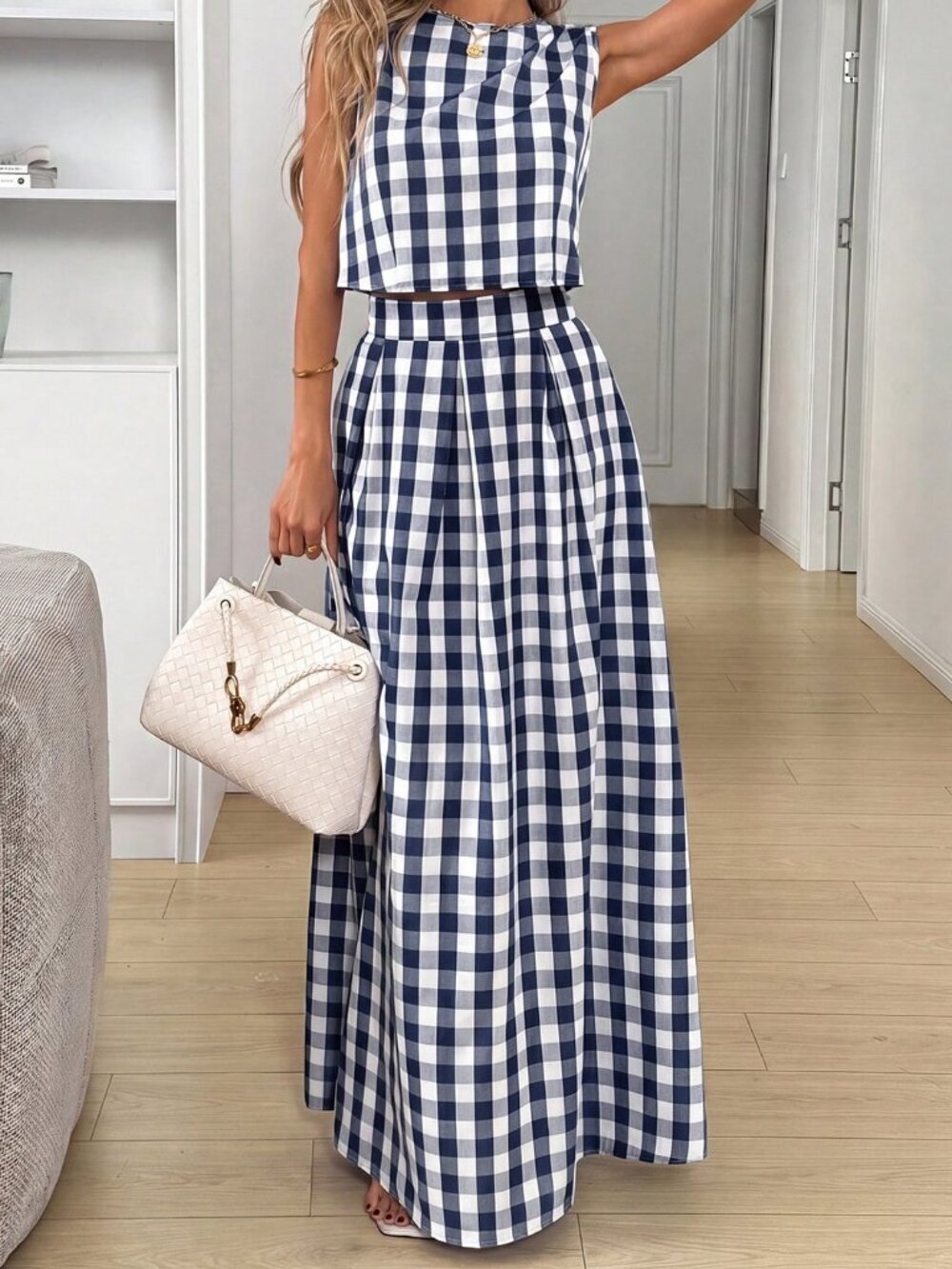 Navy Blue Casual Women's Plaid Print Sleeveless Top And Skirt 2-Piece Set